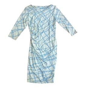 J. McLaughlin White and Blue Chain Print Dress Size Small Ruched 3/4 Sleeve